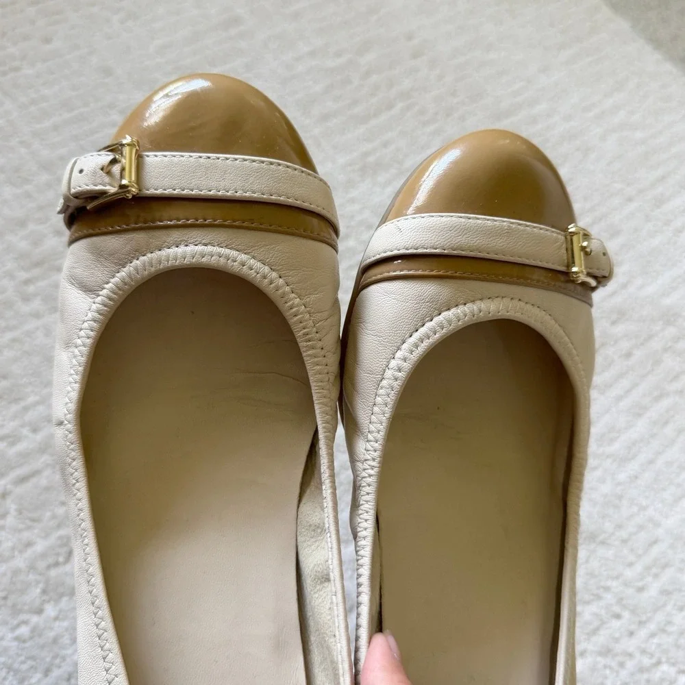 Cole Haan Nike Air Tali Ballet Flats Cream Tan Patent Cap Toe Buckle D37325 8.5